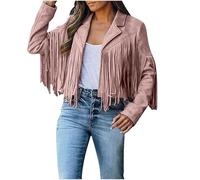 Chaqueta de Ante Sintético con Flecos para Mujer Top con Flecos Estilo Western para Concierto Chaqueta Corta de Moto Vaquera con Solapas(Pink,XXX-Large)