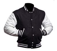 Chaqueta de aviador universitario para hombre, de corte ajustado, estilo americano, de lana y piel sintética, blanco y negro, L
