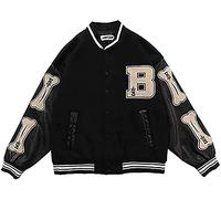 Chaqueta De Béisbol Chaqueta De Algodón - 3 Colores Opcionales, Chaqueta De Bombardero De Patchwork De Bloques De Color Con Parche De Letra De Hueso Chaqueta de hombre ( Color : Black , Size : S )