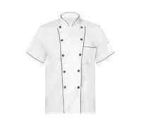 Chaqueta de Chef Blanca Hotel Restaurante Cocina Panadería Cuello Alto Botón Abajo Ribete de Color en Contraste Uniforme de Cocinero Hombres Mujeres-Tipo A Manga Corta-L