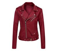 Chaqueta de Cuero de Manga Larga para Mujer Chaqueta de Cuero de Motocicleta Chaqueta de Cuero de PU Chaqueta de Mujer de Mujer Abrigos (Red, XL)