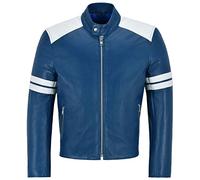 Chaqueta de Cuero Mayhem Real de Cuero Azul con Estilo de Moto de Motociclista a Rayas Blancas (M)