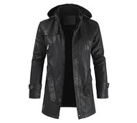 Chaqueta de cuero para hombre, abrigo largo de 3/4 de largo con capucha desmontable, chaqueta parka larga negra, gabardina negra para hombre, abrigo con capucha de safari resistente al viento, abrigo