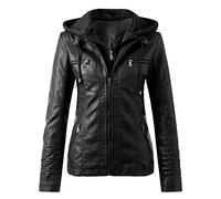 Chaqueta de cuero para mujer, de piel sintética, chaqueta de entretiempo con capucha, tallas grandes, chaqueta de moto, chaqueta de otoño, corte ajustado, ropa de calle con cremallera, Negro , XXL