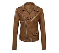 Chaqueta de Cuero PU de Manga Larga para Mujer - Abrigo de Motocicleta (Brown, XL)