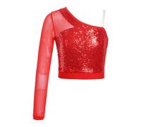 Chaqueta de Danza Ballet Tops de Baile con Lentejuelas Brillantes for niñas, Top Corto de Malla Transparente de Manga Larga con un Hombro y Cremallera Lateral for Puesta en Escena(Red,8)
