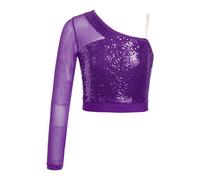 Chaqueta de Danza Ballet Tops de Baile con Lentejuelas Brillantes for niñas, Top Corto de Malla Transparente de Manga Larga con un Hombro y Cremallera Lateral for Puesta en Escena(Purple,6)