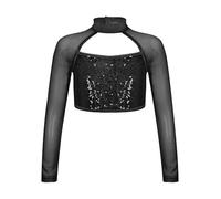 Chaqueta de Danza Ballet Tops de Baile Latino for niñas, Camisa Recortada de Malla Transparente de Manga Larga con Lentejuelas Brillantes Decoradas, Tops de Baile Latino(Black,12)