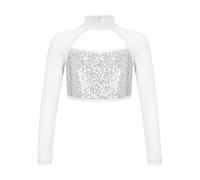 Chaqueta de Danza Ballet Tops de Baile Latino for niñas, Camisa Recortada de Malla Transparente de Manga Larga con Lentejuelas Brillantes Decoradas, Tops de Baile Latino(Silver,6)