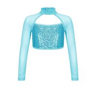 Chaqueta de Danza Ballet Tops de Baile Latino for niñas, Camisa Recortada de Malla Transparente de Manga Larga con Lentejuelas Brillantes Decoradas, Tops de Baile Latino(Blue,6)