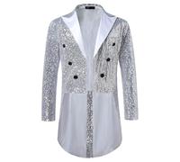 Chaqueta de Esmoquin con Lentejuelas para Hombre, Chaqueta de Traje Cola Golondrina, Blazer Boda, FRAC Entallado, Abrigo Vestir, Blanco Plateado, XX Large