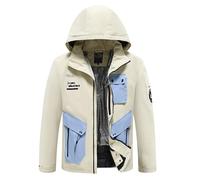 Chaqueta de esquí para hombre color block antiviento invierno al aire libre con capucha multi bolsillos traje de nieve caliente transpirable, beige, XL