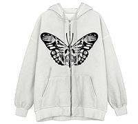 Chaqueta de forro polar con capucha para mujer, estampado gráfico gótico con bolsillo con cremallera, manga larga, abrigo suelto para adolescentes y niñas, ropa cálida para invierno, blanco, S