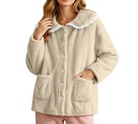 Chaqueta de forro polar para mujer, cuello Peter Pan, bolsillos cálidos | Abrigo de forro polar ártico para mujer, cuello Peter Pan, ribete de encaje, abrigo cálido y esponjoso para otoño, invierno