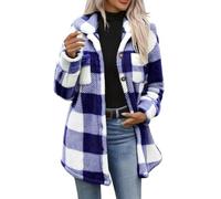 Chaqueta de franela de forro polar para mujer, con cuello a cuadros | Chaqueta de forro polar a cuadros de franela con botones frontales y cuello de vuelta, chaquetas de longitud media