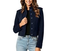 Chaqueta de gamuza sintética para mujer, con botones occidentales, manga larga, elegante, casual, de manga larga, para motocicleta, cuello alto, suave, ropa de calle regular, ropa corta, azul marino