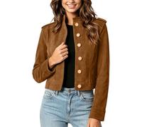 Chaqueta de gamuza sintética para mujer, con botones occidentales, manga larga, elegante, casual, de manga larga, para motocicleta, cuello alto, suave, ropa de calle regular, ropa corta, caqui, M