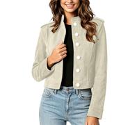 Chaqueta de gamuza sintética para mujer, con botones occidentales, manga larga, elegante, casual, de manga larga, para motocicleta, cuello alto, suave, ropa de calle regular, ropa corta, beige, S