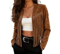 Chaqueta de gamuza sintética para mujer con remaches y flecos, diseño de flecos, abrigo corto de motociclista, ropa de abrigo para motocicleta, ropa casual de vacaciones, fiesta, caqui (S caqui)
