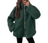 Chaqueta de invierno para mujer, de forro polar, abrigo de lana, elegante, liso, de felpa, con cremallera, verde oscuro, L