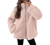 Chaqueta de invierno para mujer, de forro polar, abrigo de lana, elegante, liso, de felpa, con cremallera, rosa, L