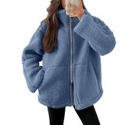 Chaqueta de invierno para mujer, de forro polar, abrigo de lana, elegante, liso, de felpa, con cremallera, azul, L