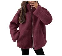 Chaqueta de invierno para mujer, de forro polar, abrigo de lana, elegante, liso, de felpa, con cremallera, Vino, XXL
