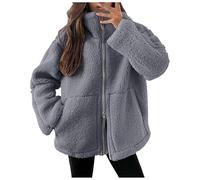 Chaqueta de invierno para mujer, de forro polar, abrigo de lana, elegante, liso, de felpa, con cremallera, gris, L