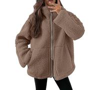 Chaqueta de invierno para mujer, de forro polar, abrigo de lana, elegante, liso, de felpa, con cremallera, marrón, M