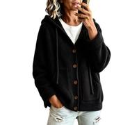 Chaqueta de lana de cordero sintética con capucha y botones para mujer | Chaqueta tipo cárdigan sherpa con botones frontales de gran tamaño, lana de cordero sintética, abrigo cálido para otoño e