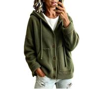 Chaqueta de lana de cordero sintética con capucha y botones para mujer | Chaqueta tipo cárdigan sherpa con botones frontales de gran tamaño, lana de cordero sintética, abrigo cálido para otoño e