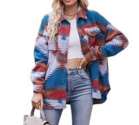 Chaqueta de Lana de Manga Larga con Botones y Estampado Azteca Vintage para Mujer (Azul,XXL)