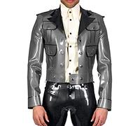 Chaqueta De Látex Con Puños, Botones, Parte Superior De Goma Delantera, Cuello Vuelto, Ropa De Talla Grande,negro Con Azul,L