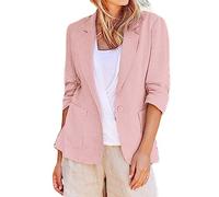 Chaqueta de lino con frente abierto para mujer, chaqueta de un solo pecho para mujer, chaqueta de lino y algodón con bolsillos, ligera, de manga larga, para negocios, trabajo, oficina, rosa, S
