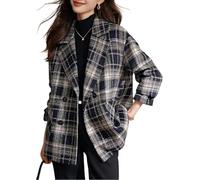 Chaqueta De Mezcla De Lana Informal De Negocios A Cuadros para Mujer Abrigo A Cuadros De Doble Botonadura con Solapa Chaqueta Ligera De Manga Larga (Azul,XL)