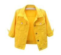 Chaqueta de mezclilla corta de manga corta 3/4 con botones, casual, ligera, con solapa, abotonada, estilo camionero, chaqueta de mezclilla, amarillo, M