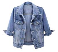 Chaqueta de mezclilla corta de manga corta 3/4 con botones, casual, ligera, con solapa, abotonada, estilo camionero, chaqueta de mezclilla, Denim Luz, L