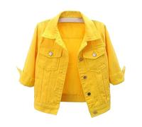 Chaqueta de mezclilla corta para mujer, manga 3/4, color liso, de moda, ligera, para camionero, camisas de manga corta para mujer, camisas de verano con cuello plumón, camisetas casuales sueltas