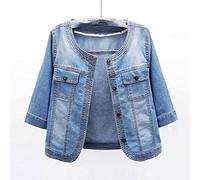Chaqueta De Mezclilla De Mujer - Chaqueta Vaquera Corta De Abrigo Casual Para Mujer, Chaqueta Vaquera Azul Con Cuello Redondo Y Manga Tres Cuartos, Talla Grande Con Bolsillos, Parte Superior De