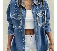 Chaqueta de mezclilla para mujer de talla grande con adornos de diamantes y perlas, chaqueta de mezclilla , ropa de mezclilla casual de moda