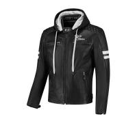 Rusty Stitches Super Jari Hooded V2 Chaqueta de cuero para moto, negro-blanco, tamaño 7XL para Hombres