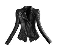 Chaqueta de motociclista de piel sintética corta sin cuello y manga larga para mujer, elegante abrigo informal para mujer, color negro, talla grande