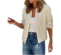 Chaqueta de otoño con Lentejuelas Brillantes para Mujer Abrigo clásico de Moda Ligero para Fiesta Chaqueta Tipo cárdigan con Solapa y Manga Larga con Lentejuelas Brillantes (Plateado,S)