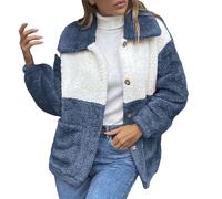 Chaqueta de peluche para mujer de invierno, chaqueta de entretiempo, chaqueta de forro polar bicolor patchwork, chaqueta de felpa con solapa, chaqueta de piel sintética, chaqueta corta de manga larga,