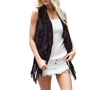 Chaqueta de peluche para mujer, estilo étnico, borlas, cárdigan chaleco sin mangas para mujer, abrigo de piel con flecos de invierno, Negro , XL