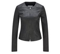 Chaqueta de piel auténtica para mujer, corte entallado, sin cuello, chaqueta negra, Negro, S