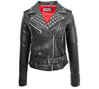 Chaqueta de piel auténtica para mujer estilo motorista clásica Brando con tachuelas de cuello Salma negro