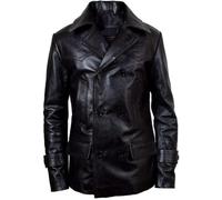 Chaqueta de piel con doble botonadura para hombre, estilo clásico alemán clásico de la Segunda Guerra Mun, 01-Negro - Piel auténtica, XL