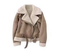 Chaqueta De Piel De Sherpa De Gamuza para Mujer, Chaqueta De Bombardero De Invierno De Forro Polar Cálido, Abrigo De Motociclista con Forro De Sherpa, Abrigo De Piel De Aviador De Invierno con Cuel