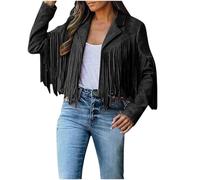 Chaqueta De Piel Sintética con Flecos para Mujer Disfraz De Vaquero Hippie para Carnaval Chaqueta Corta De Manga Larga con Borlas Abrigo De Motociclista Top De Vaquera Atuendo De Festival Negro L